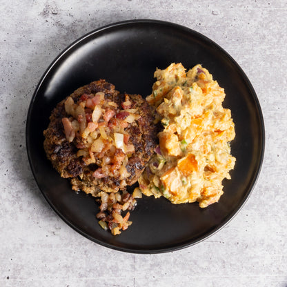 BBQ Brisket Burger with Sweet Potato Salad