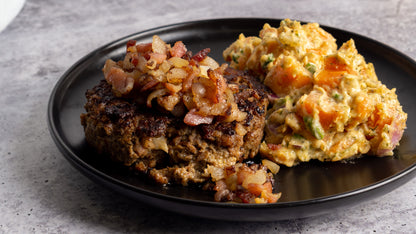 BBQ Brisket Burger with Sweet Potato Salad