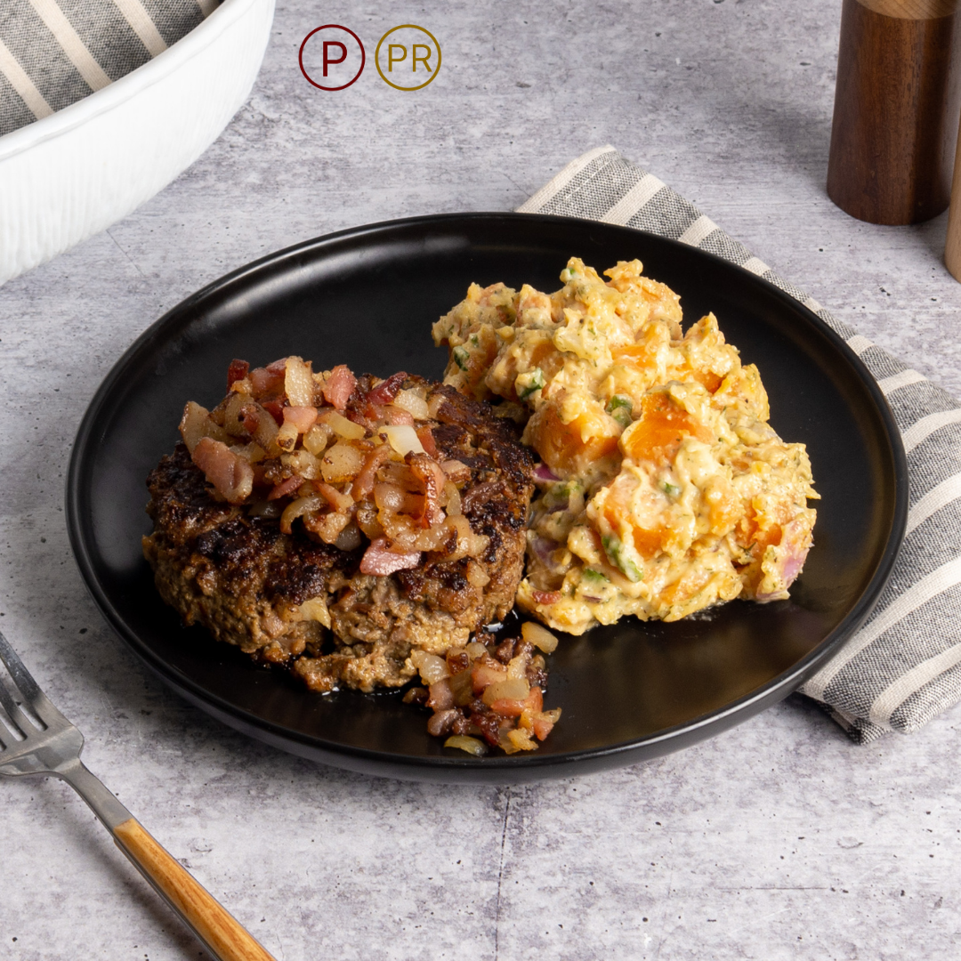 BBQ Brisket Burger with Sweet Potato Salad