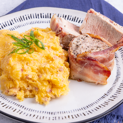 Bacon Wrapped Pork Tenderloin with Loaded Rutabaga Mash